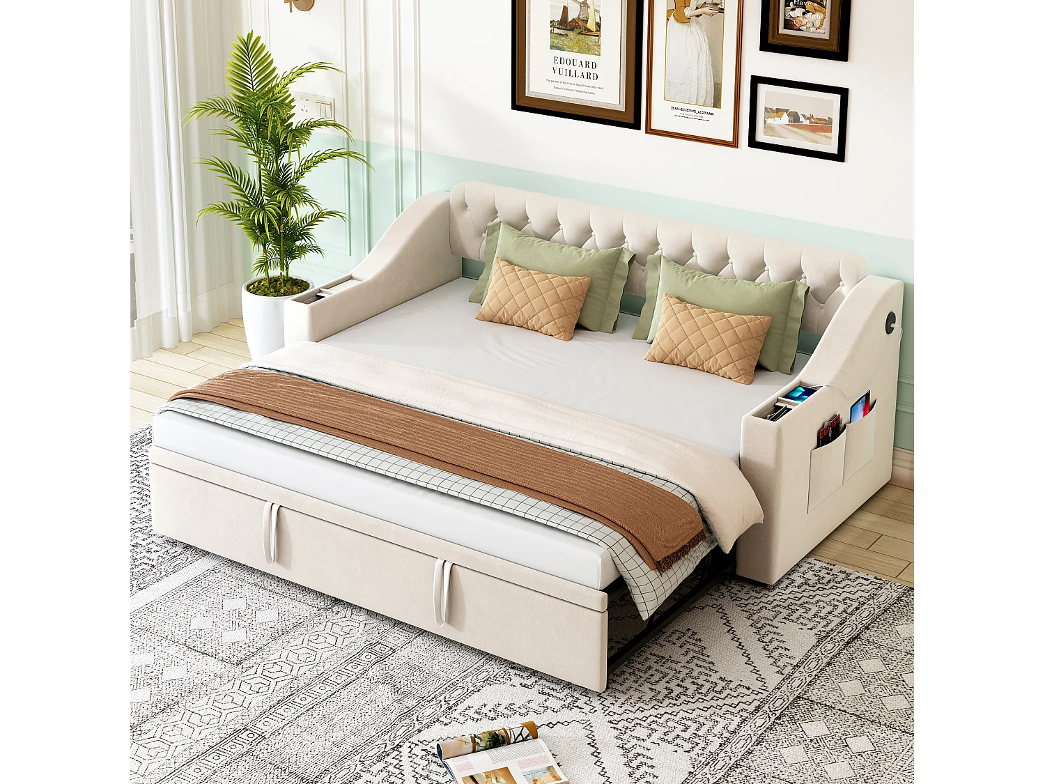 Ausziehbett 90/180x190 cm - mit Steckdosen und Aufbewahrungstasche - Samtstoff - Beige