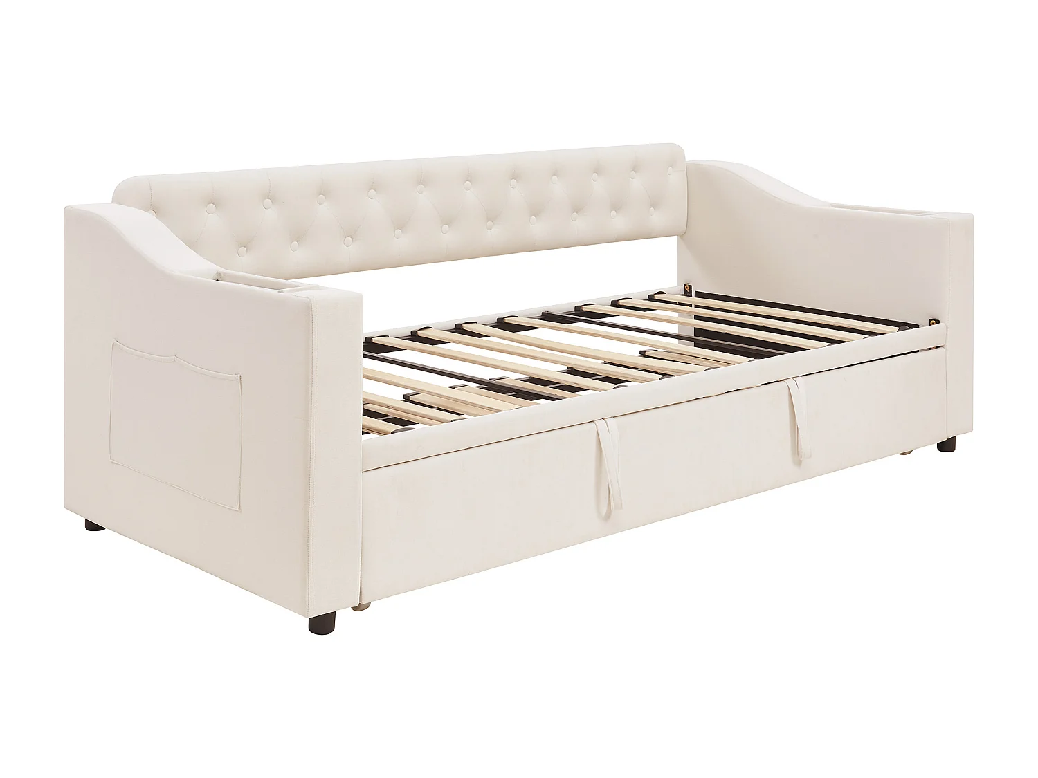 Ausziehbett 90/180x190 cm - mit Steckdosen und Aufbewahrungstasche - Samtstoff - Beige