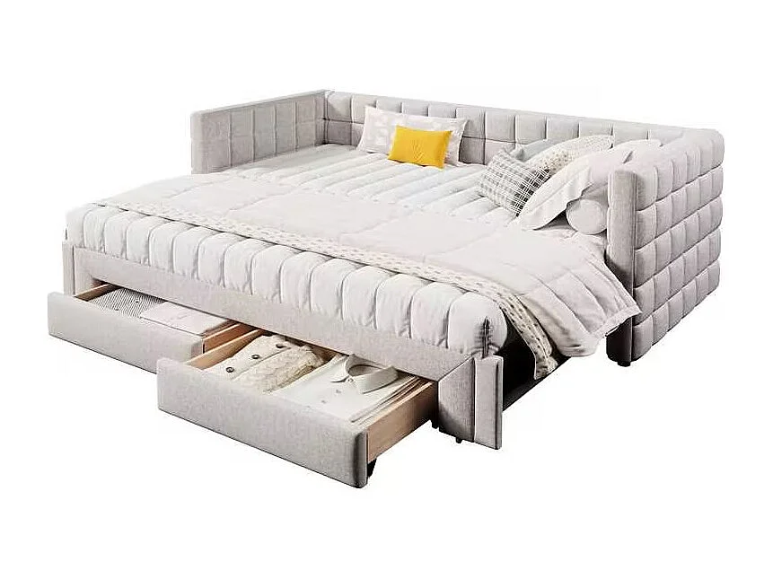 Uitschuifbed 90/180x200cm in fluweel - met gewatteerde rugleuning en 2 lades - Beige