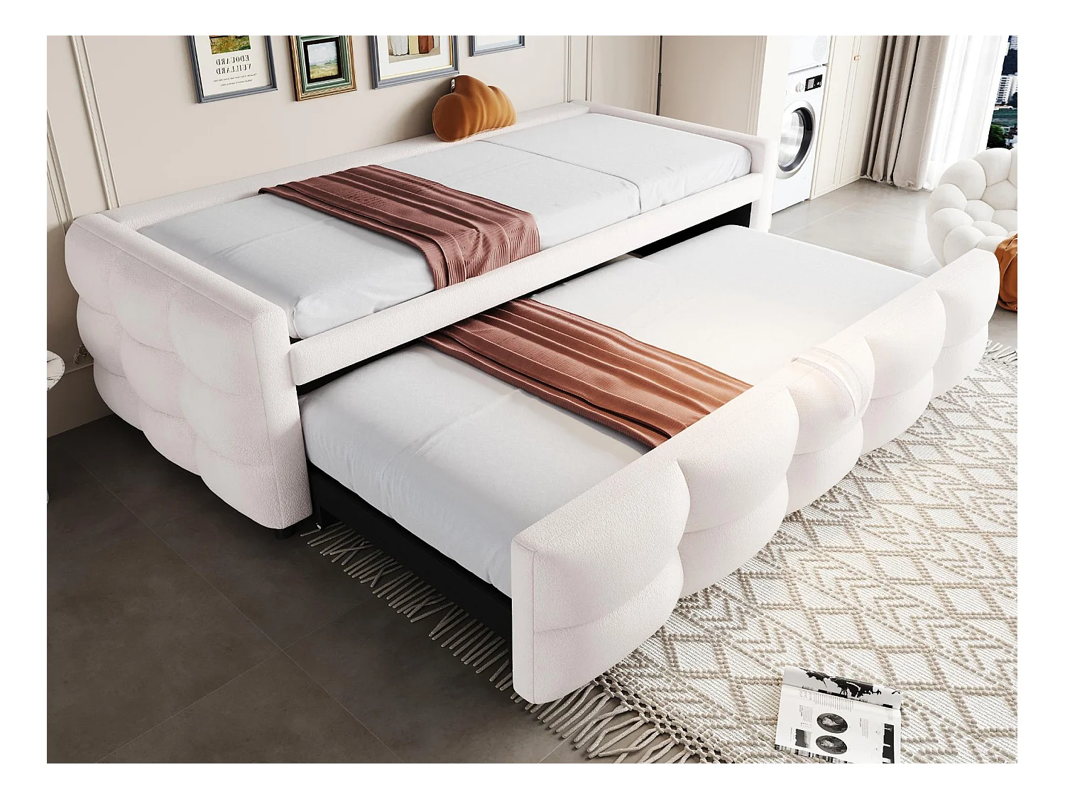 Lit gigogne 90/180x190 cm en velours - avec sommier à lattes - Beige