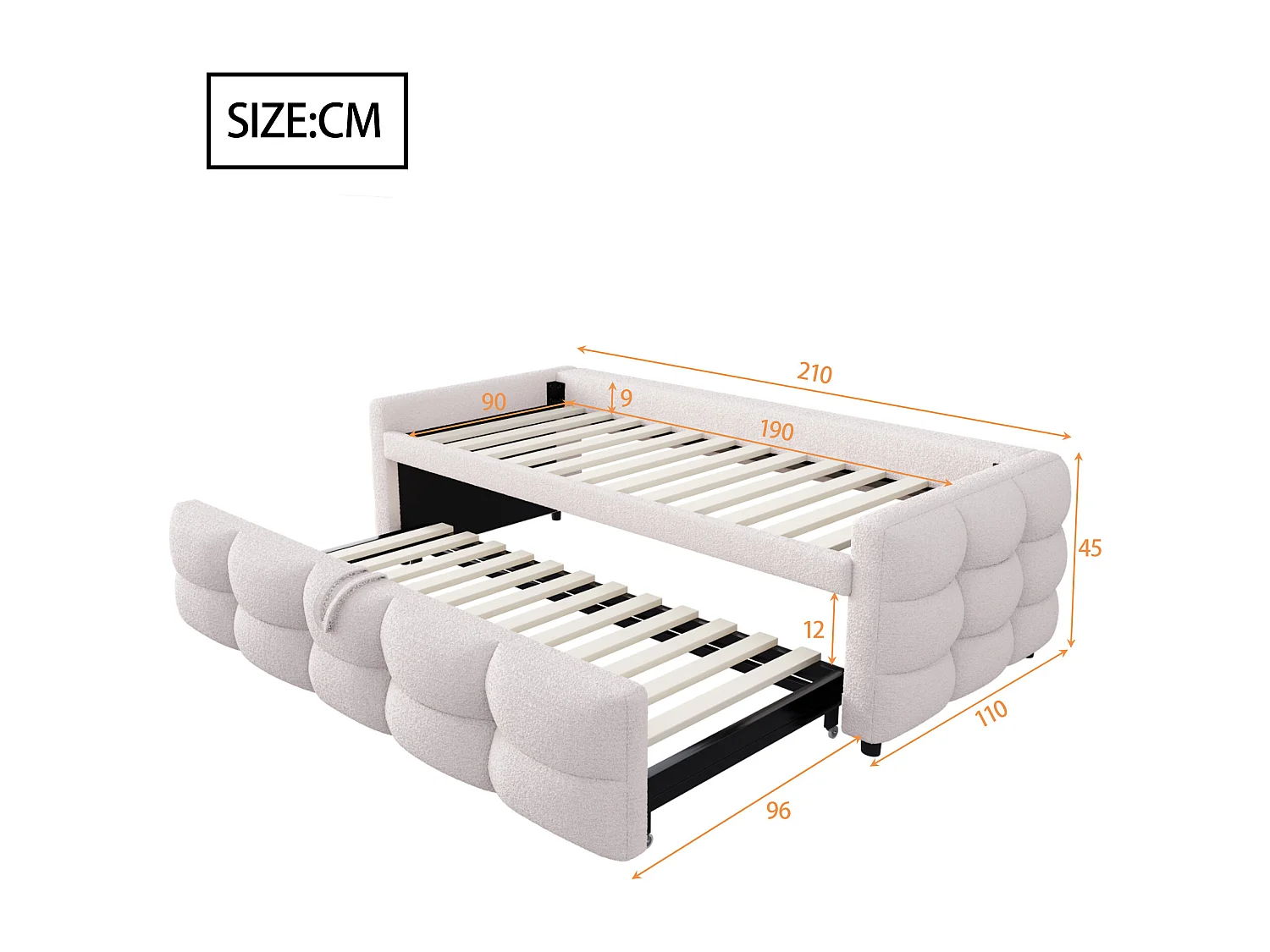 Lit gigogne 90/180x190 cm en velours - avec sommier à lattes - Beige