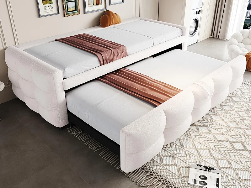 Lit gigogne 90/180x190 cm en velours - avec sommier à lattes - Beige