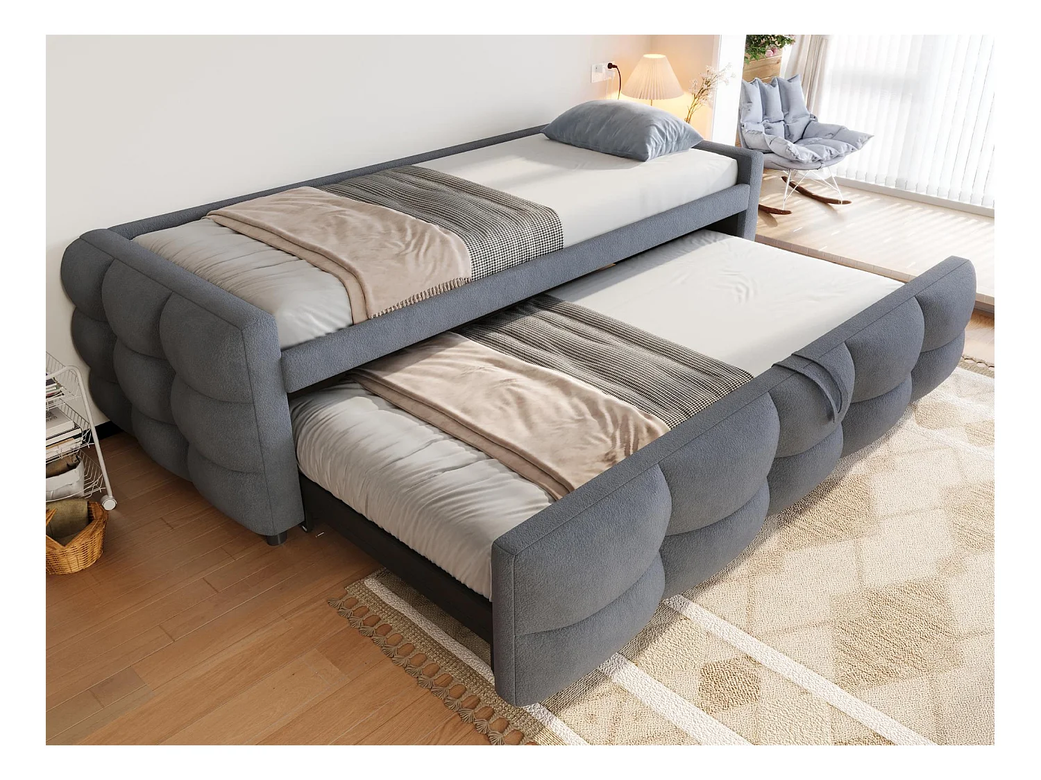 Lit gigogne 90/180x190 cm en velours - avec sommier à lattes - Gris