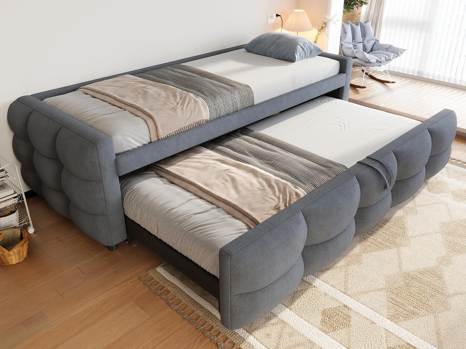 Lit gigogne 90/180x190 cm en velours - avec sommier à lattes - Gris