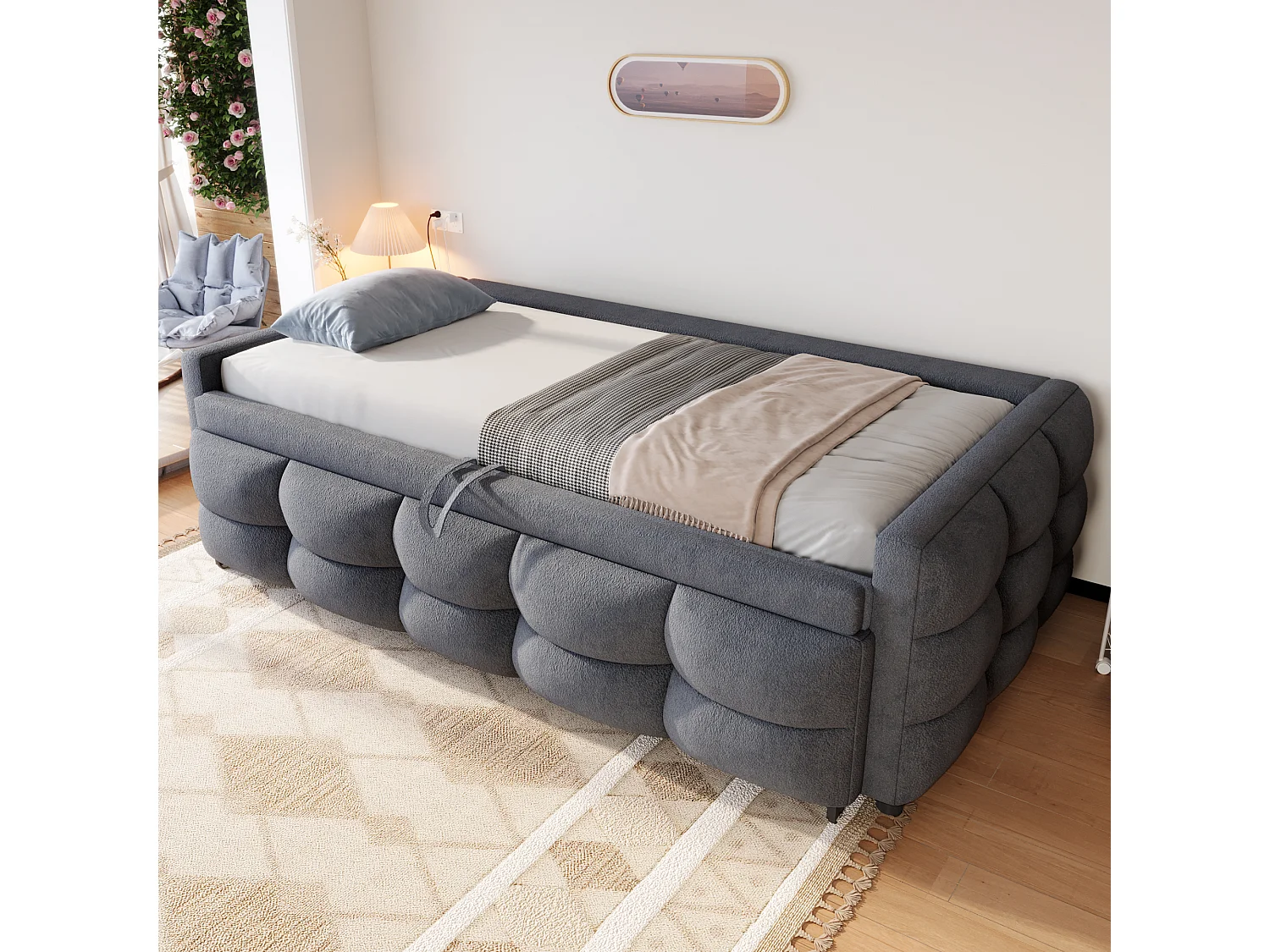 Lit gigogne 90/180x190 cm en velours - avec sommier à lattes - Gris