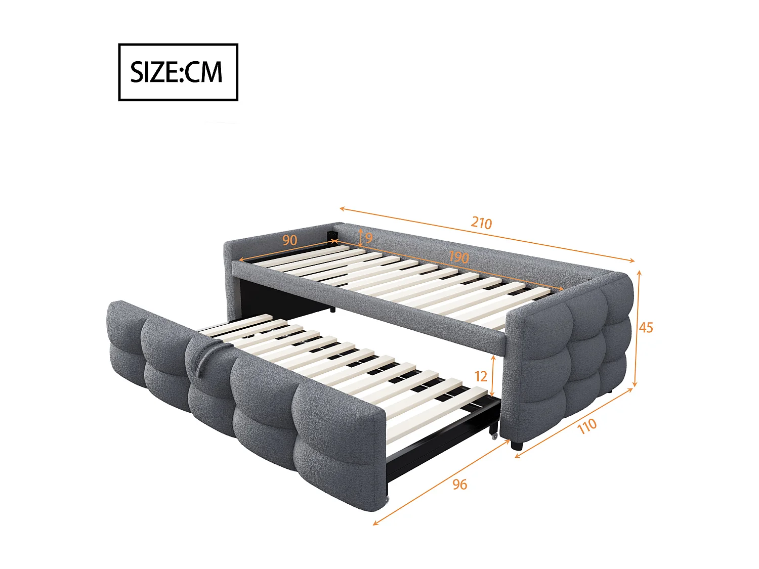 Lit gigogne 90/180x190 cm en velours - avec sommier à lattes - Gris