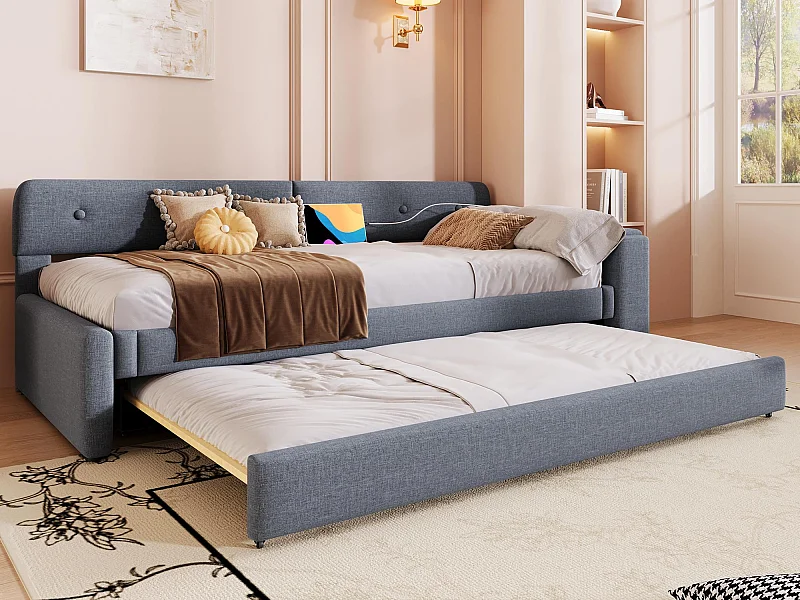 Linnen uitschuifbed 90x200 cm - opvouwbare opbergruimte met stopcontacten - Grijs