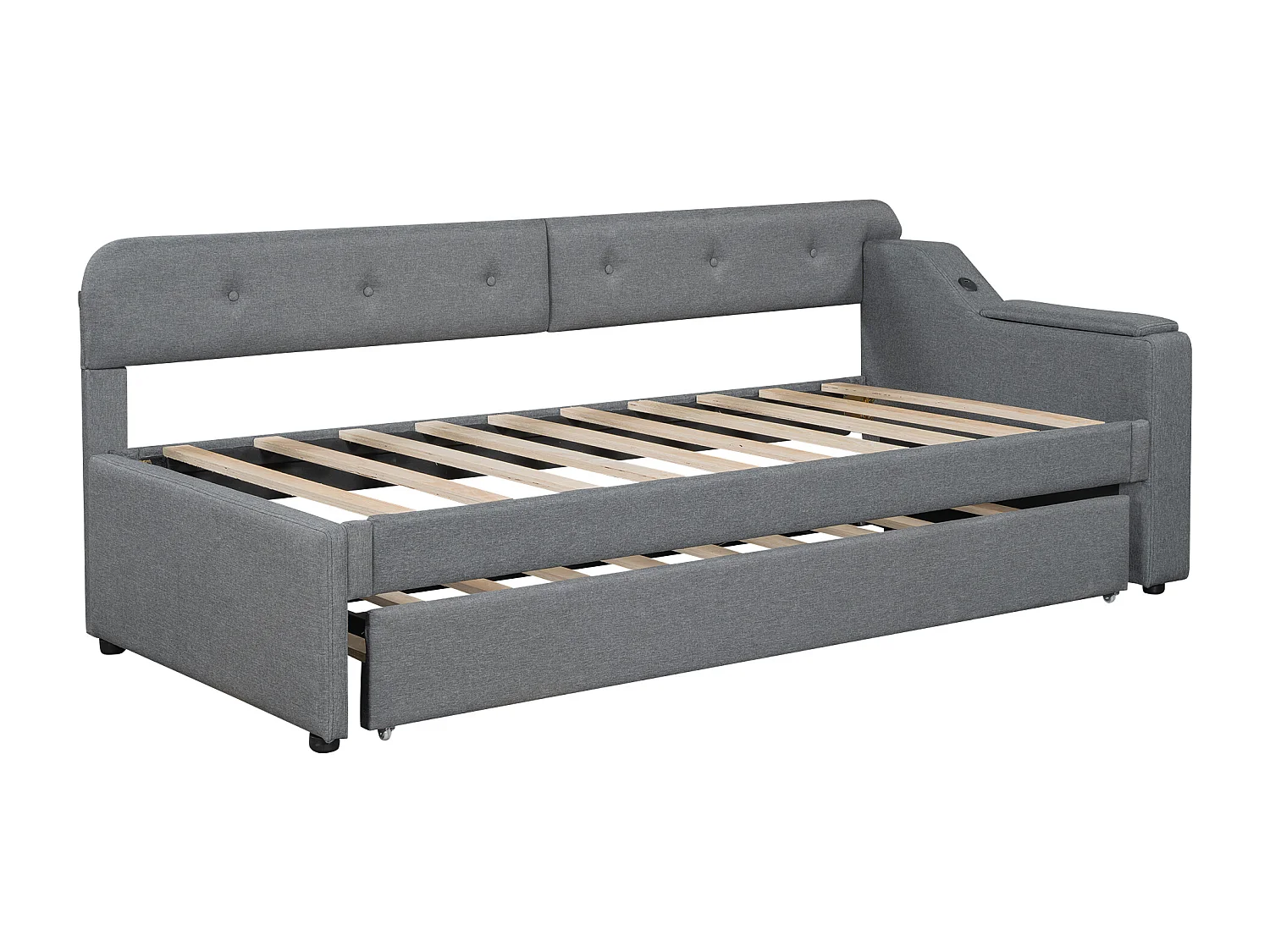 Lit gigogne 90x200 cm en lin - rangement rabattable avec prises - Gris