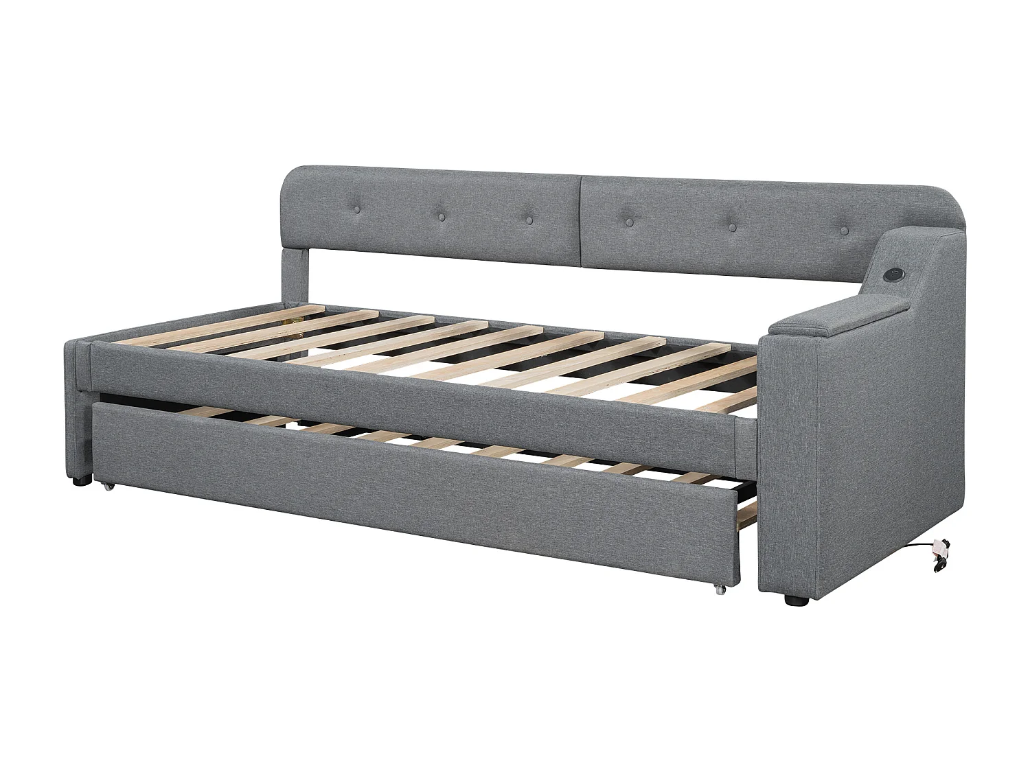 Lit gigogne 90x200 cm en lin - rangement rabattable avec prises - Gris