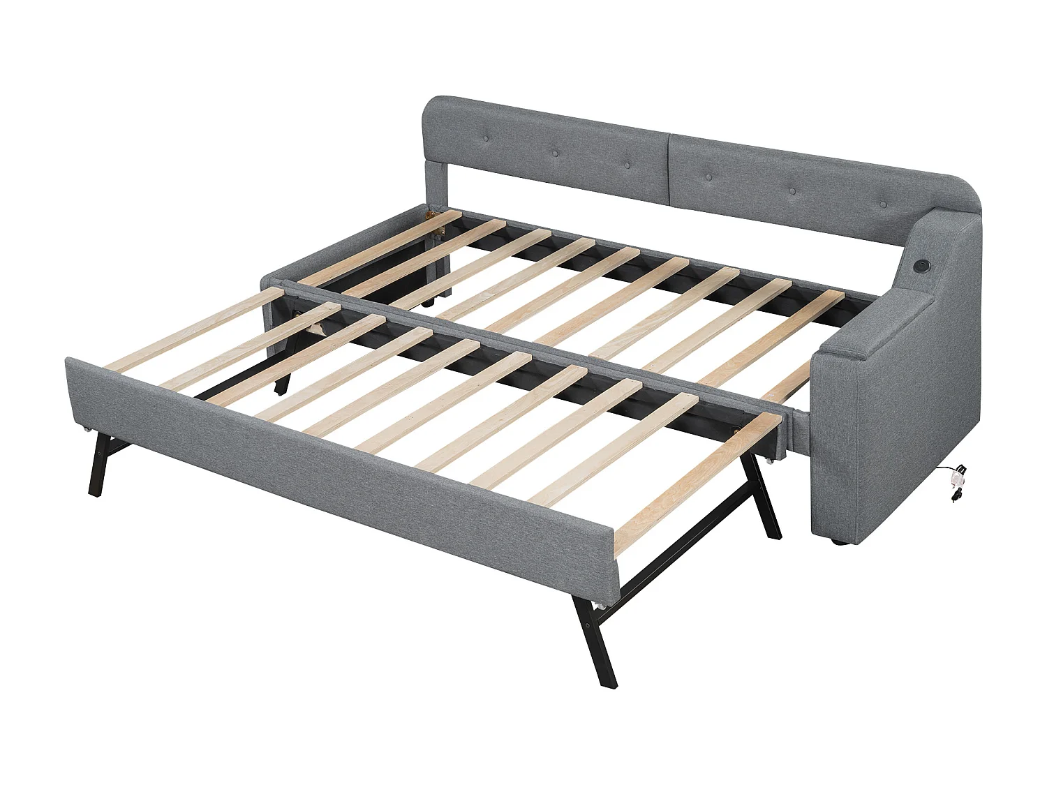 Lit gigogne 90x200 cm en lin - rangement rabattable avec prises - Gris