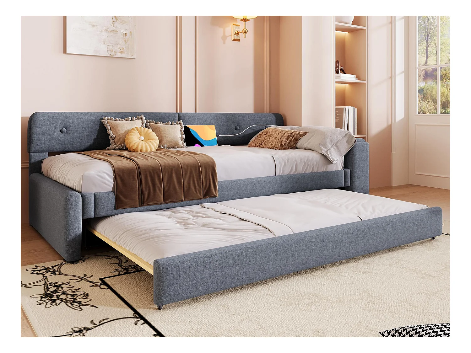 Lit gigogne 90x200 cm en lin - rangement rabattable avec prises - Gris