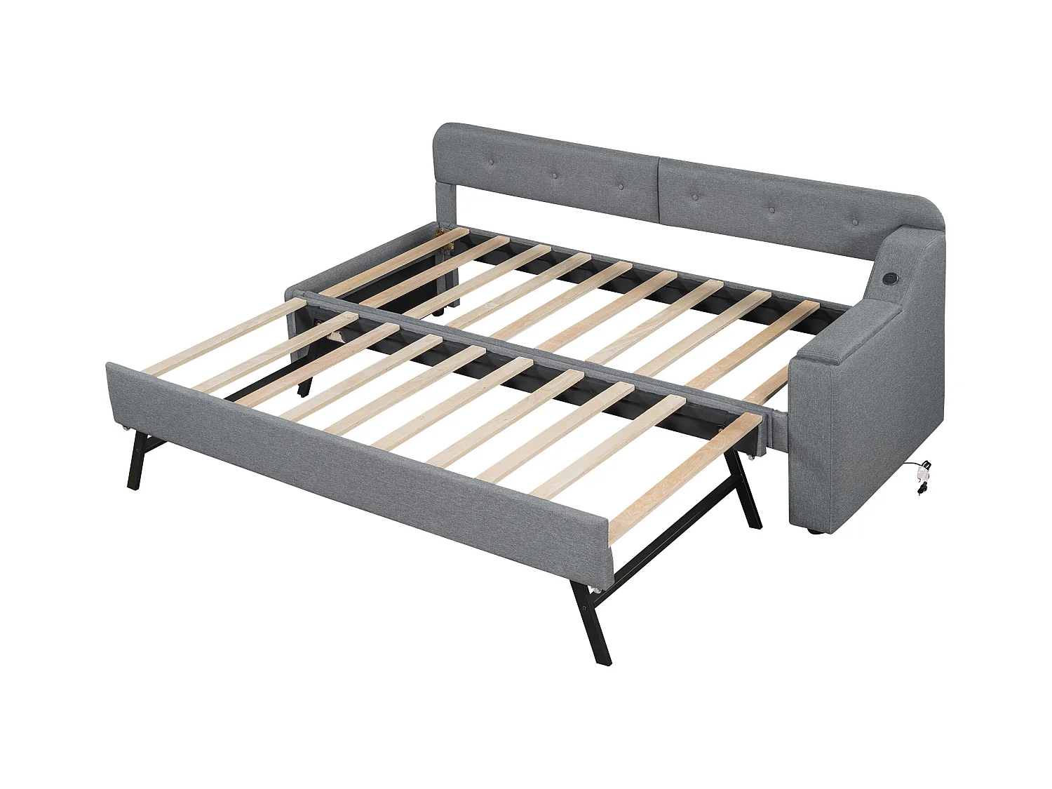 Cama de solteiro em linho 90x200 cm - arrumação dobrável com tomadas - Cinza