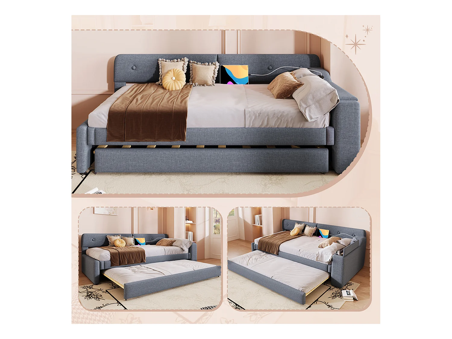 Cama de solteiro em linho 90x200 cm - arrumação dobrável com tomadas - Cinza