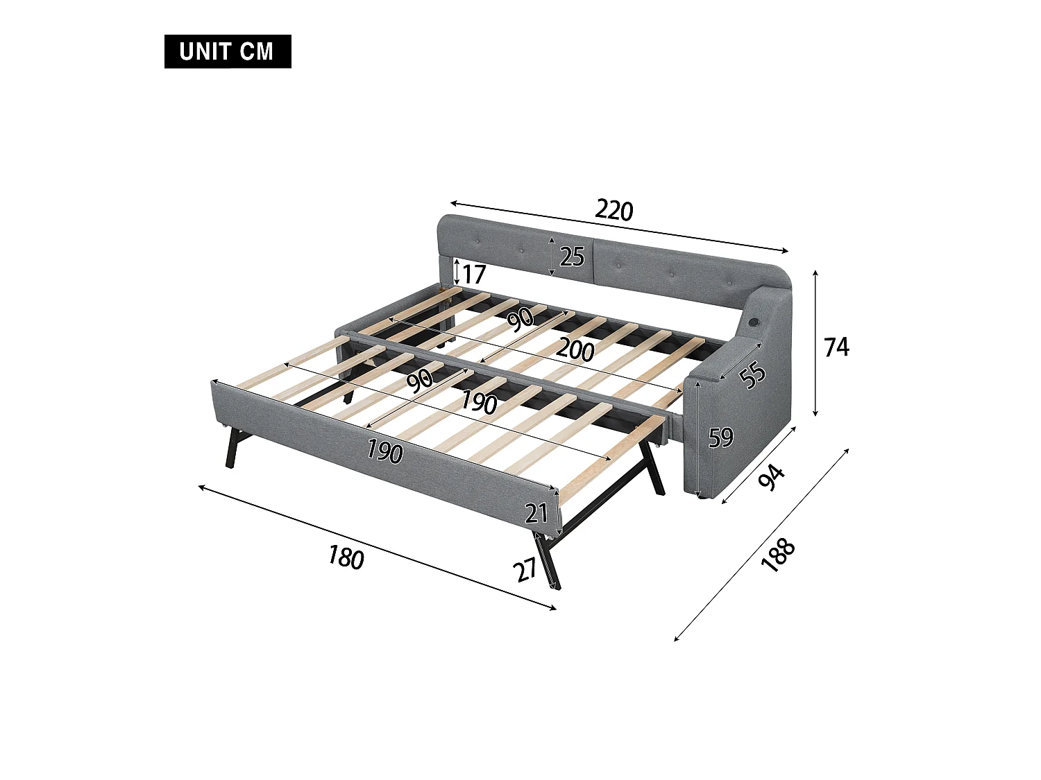Cama de solteiro em linho 90x200 cm - arrumação dobrável com tomadas - Cinza