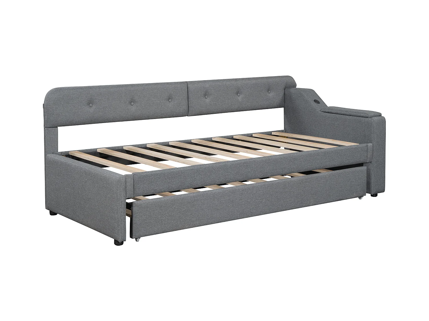 Cama de solteiro em linho 90x200 cm - arrumação dobrável com tomadas - Cinza