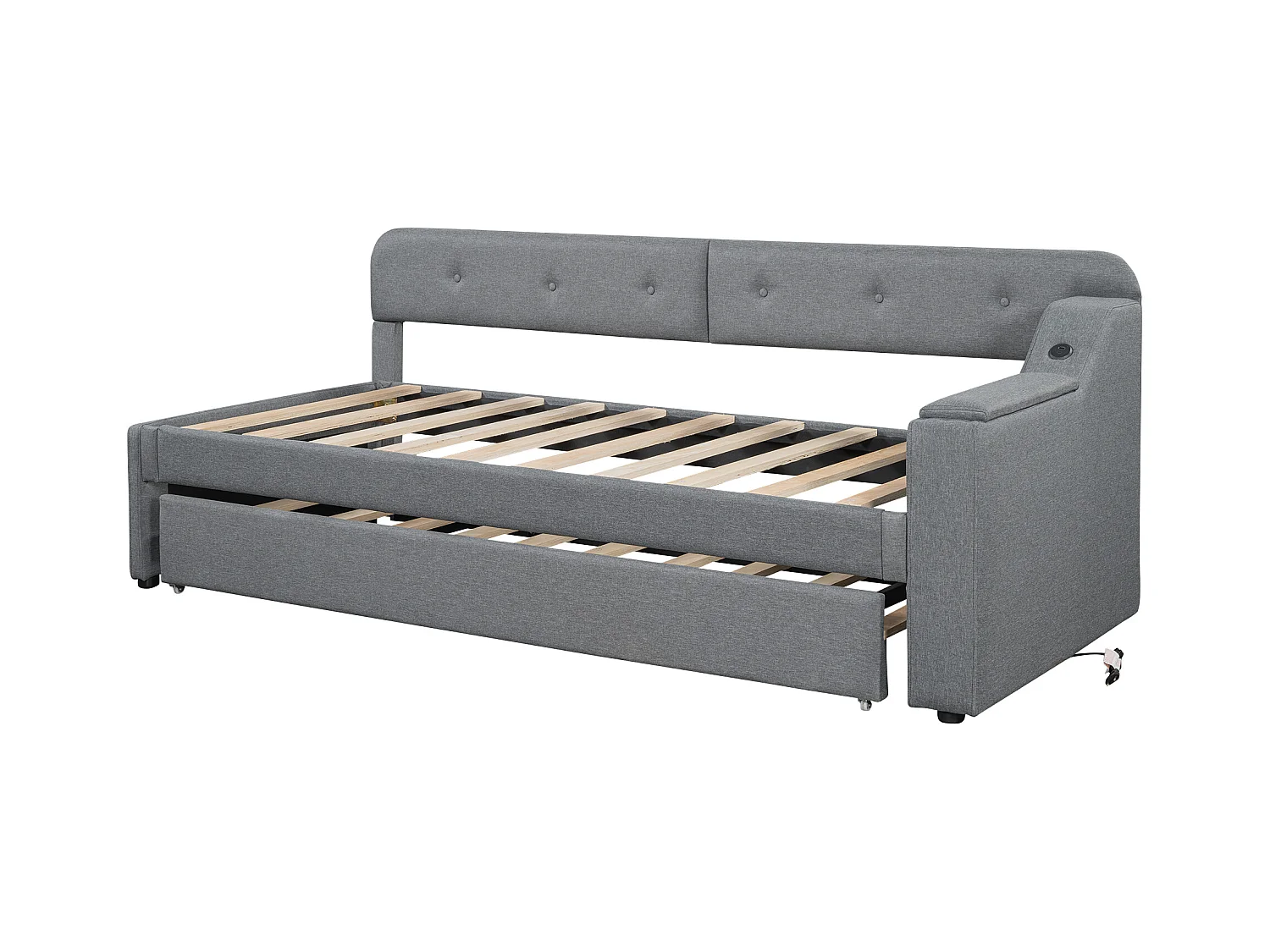 Cama de solteiro em linho 90x200 cm - arrumação dobrável com tomadas - Cinza