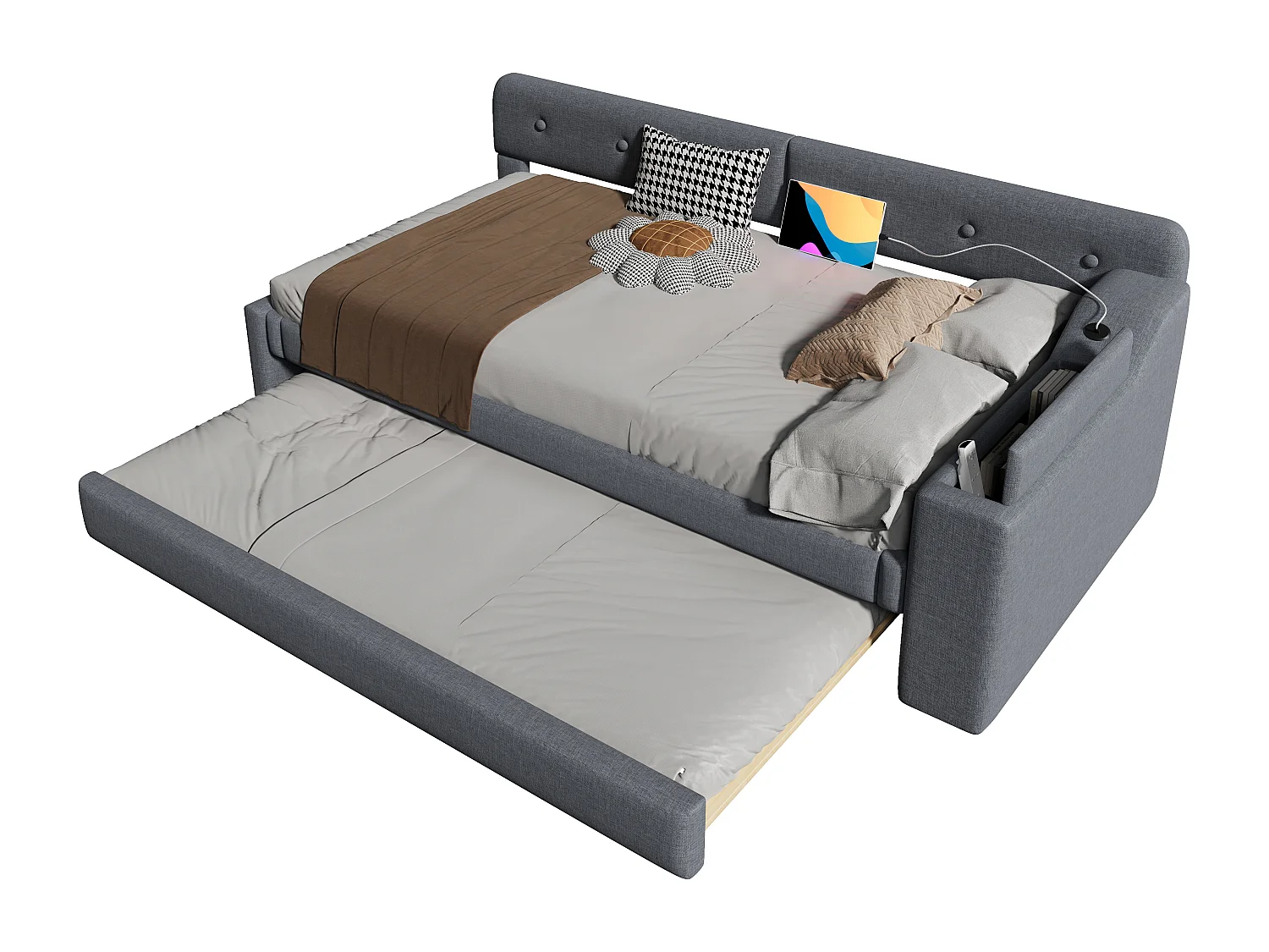 Linnen uitschuifbed 90x200 cm - opvouwbare opbergruimte met stopcontacten - Grijs