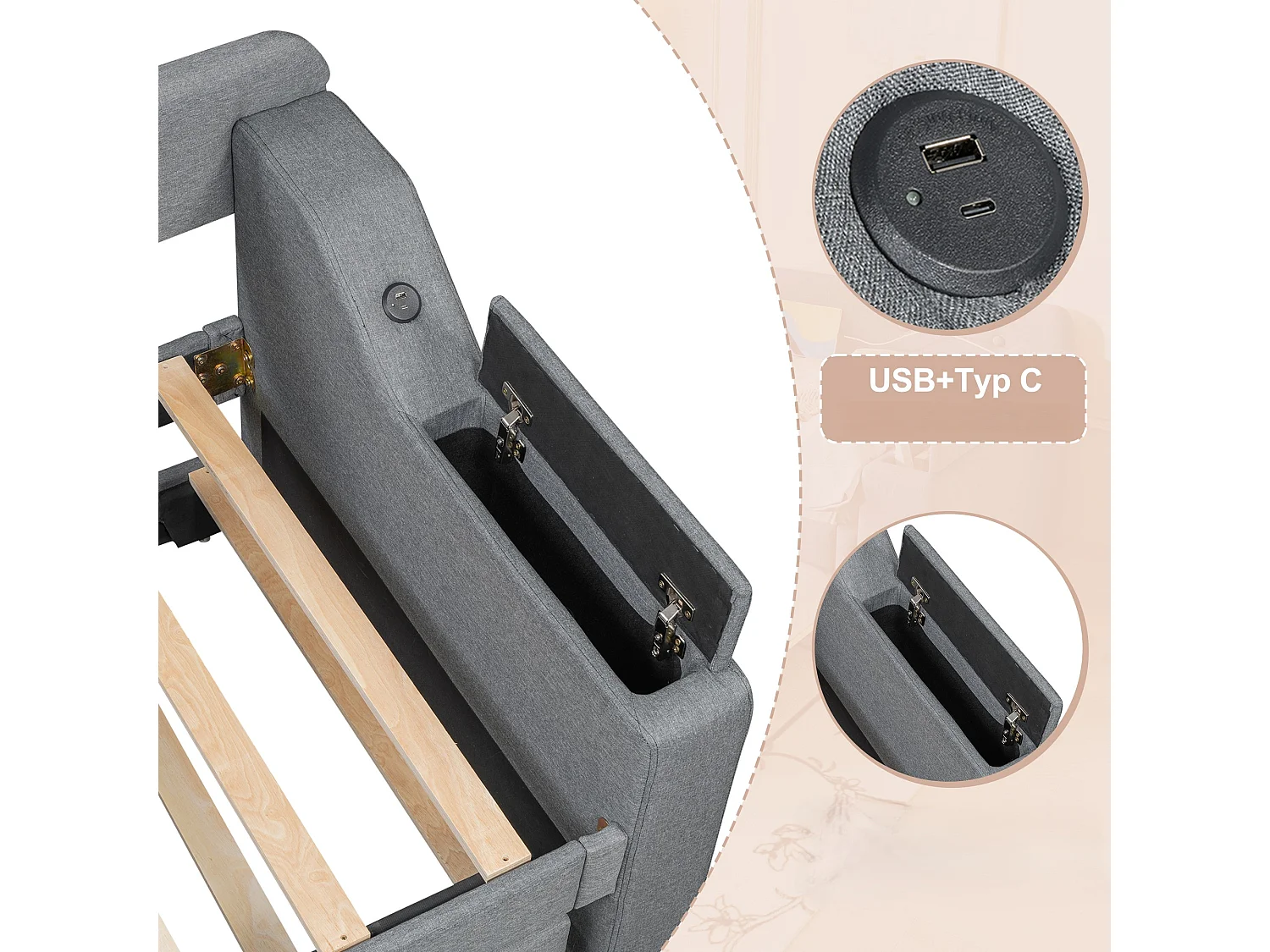 Linnen uitschuifbed 90x200 cm - opvouwbare opbergruimte met stopcontacten - Grijs