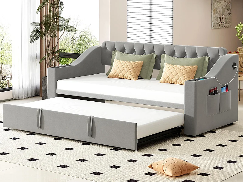 Uitschuifbed 90/180x190 cm - met stopcontacten en opbergvak - fluwelen stof - Grijs