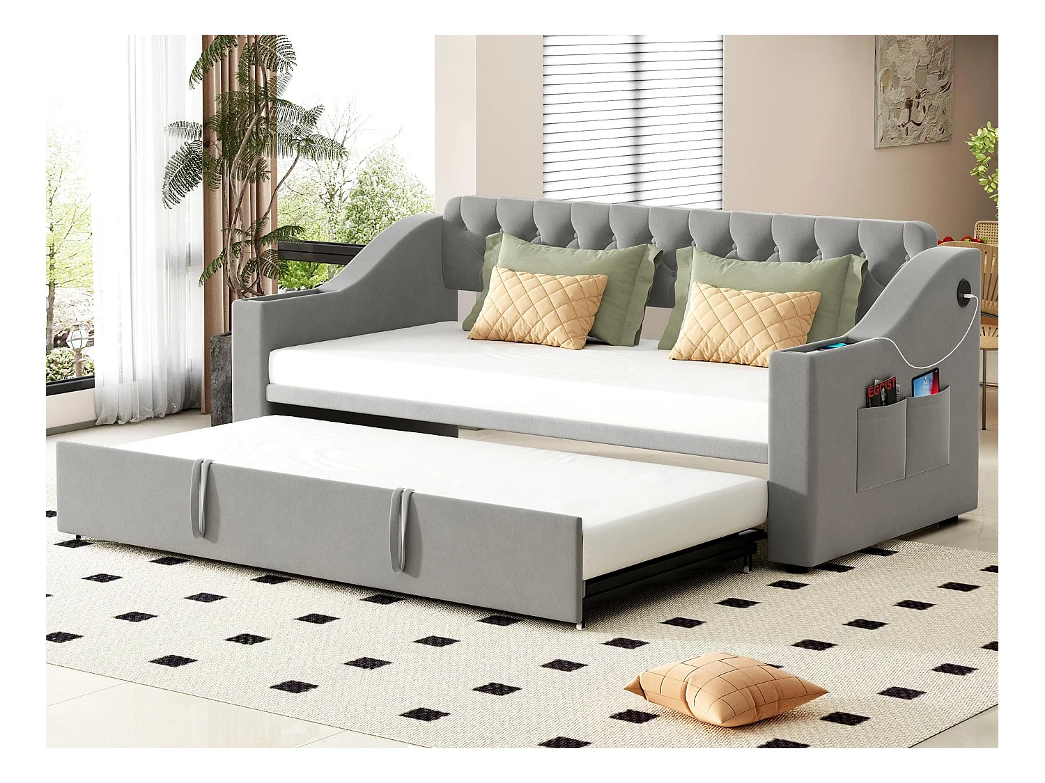 Lit gigogne 90/180x190 cm - avec prises et poche de rangement - tissu en velours - Gris