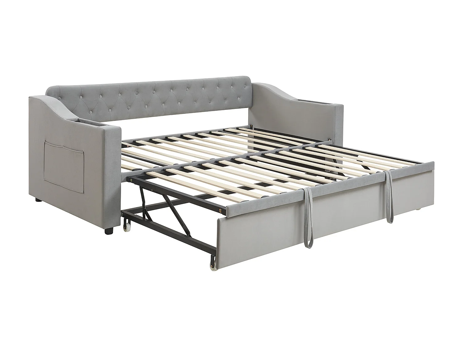 Lit gigogne 90/180x190 cm - avec prises et poche de rangement - tissu en velours - Gris