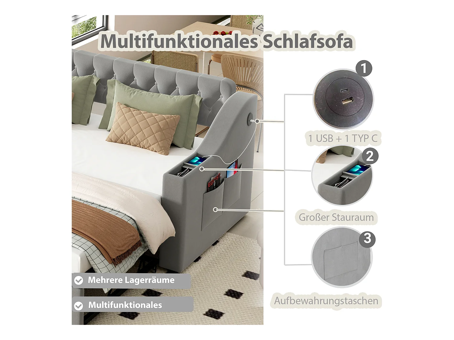 Lit gigogne 90/180x190 cm - avec prises et poche de rangement - tissu en velours - Gris