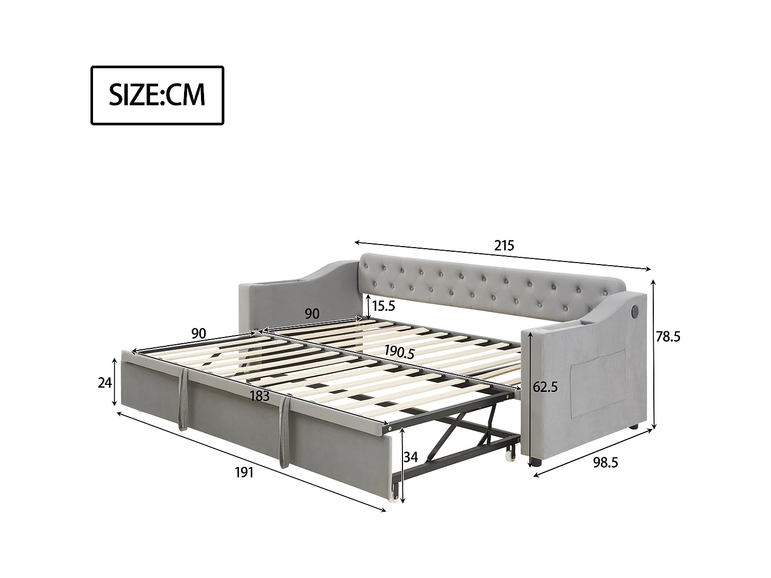 Lit gigogne 90/180x190 cm - avec prises et poche de rangement - tissu en velours - Gris