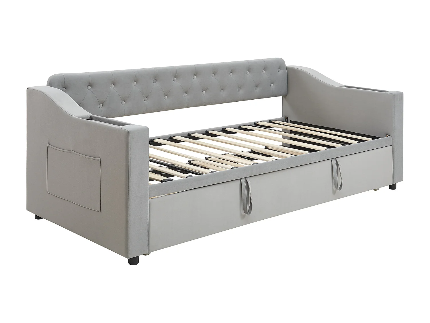 Lit gigogne 90/180x190 cm - avec prises et poche de rangement - tissu en velours - Gris