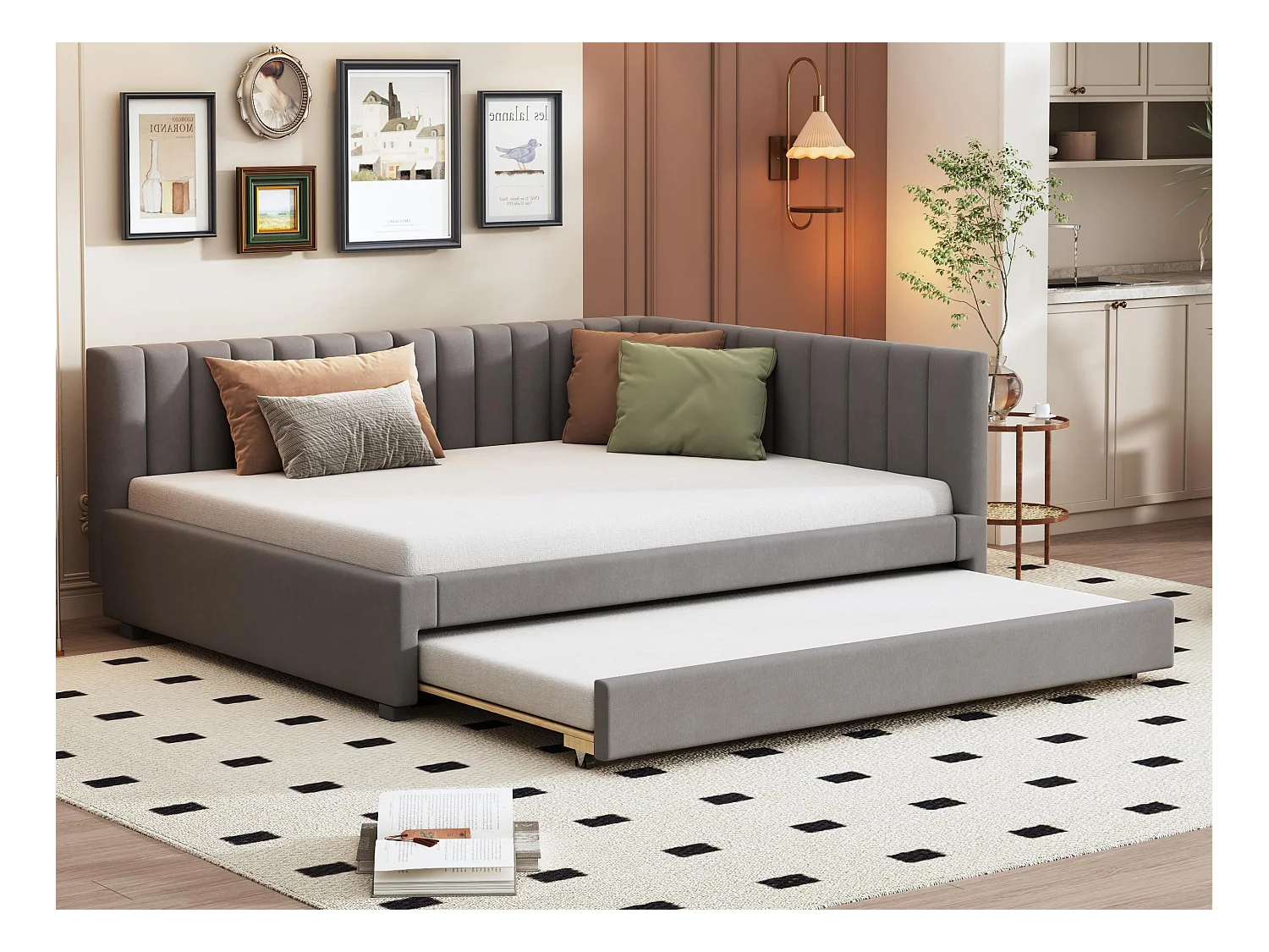 Lit banquette capitonné 140x200 cm - avec lit gigogne 90x190cm - tissu en velours - Gris
