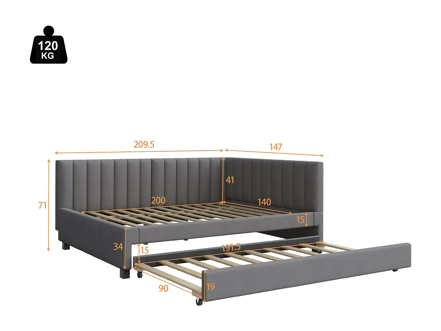 Lit banquette capitonné 140x200 cm - avec lit gigogne 90x190cm - tissu en velours - Gris