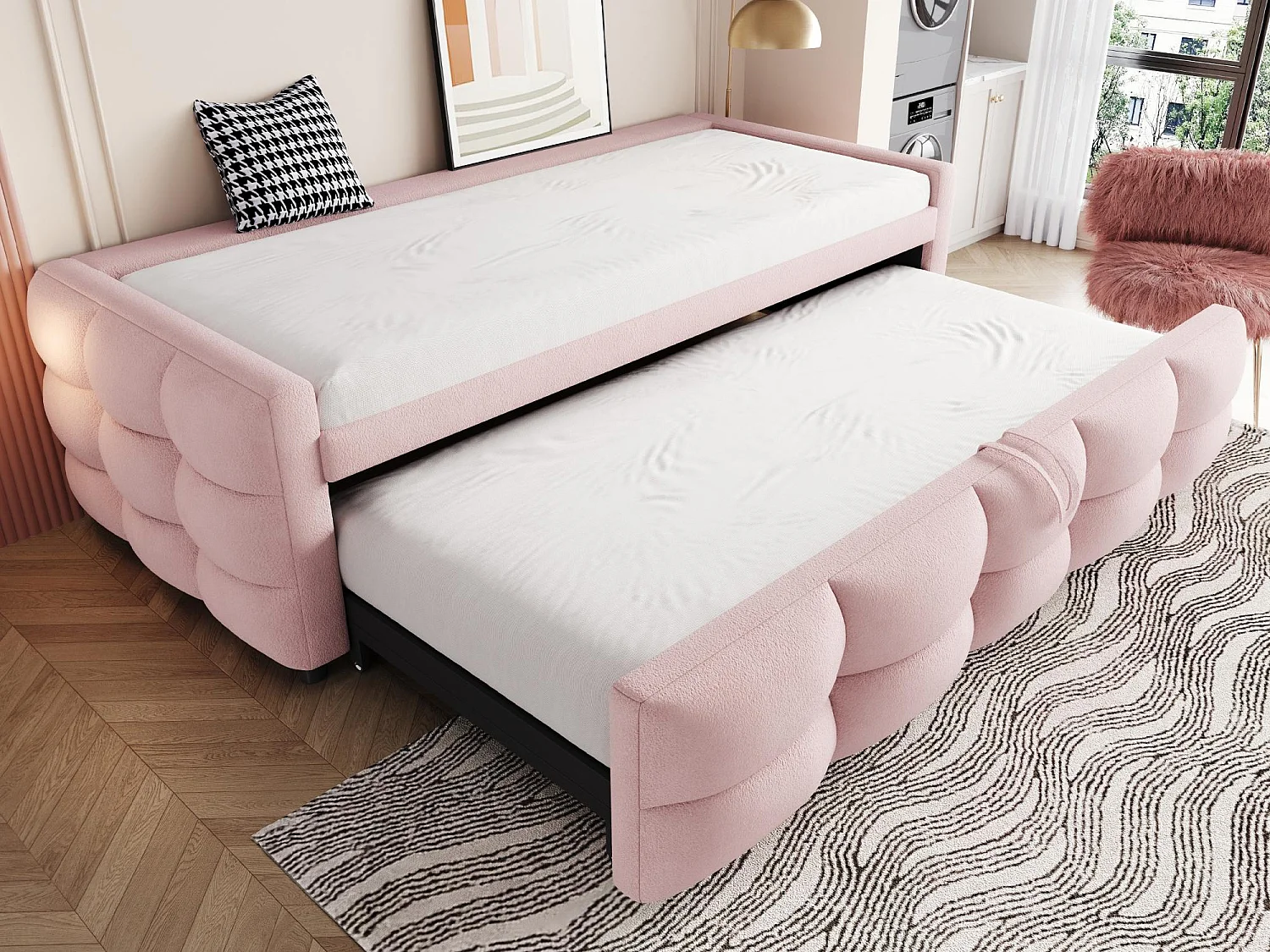 Cama de rodízio 90/180x190 cm em veludo - com estrado de ripas - Rosa