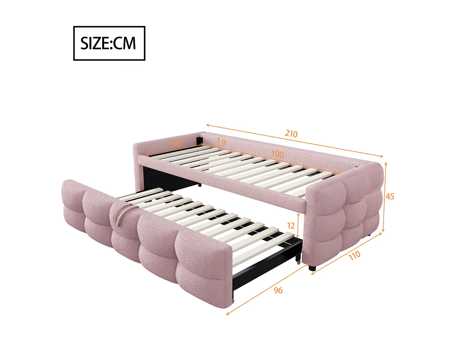 Cama de rodízio 90/180x190 cm em veludo - com estrado de ripas - Rosa