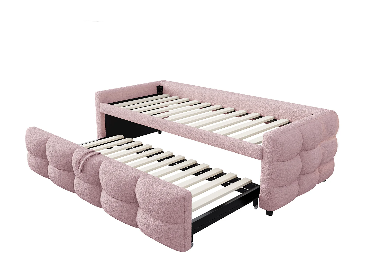Cama de rodízio 90/180x190 cm em veludo - com estrado de ripas - Rosa