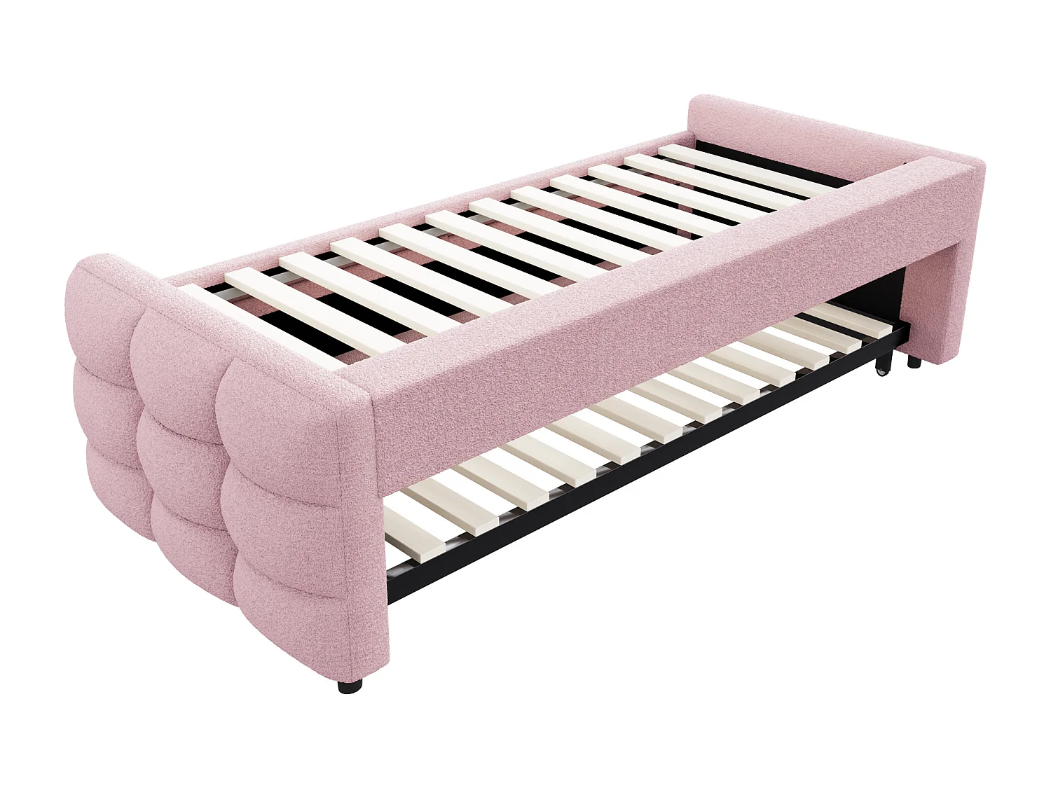 Cama de rodízio 90/180x190 cm em veludo - com estrado de ripas - Rosa
