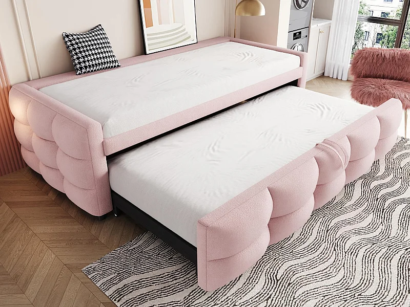 Cama de rodízio 90/180x190 cm em veludo - com estrado de ripas - Rosa