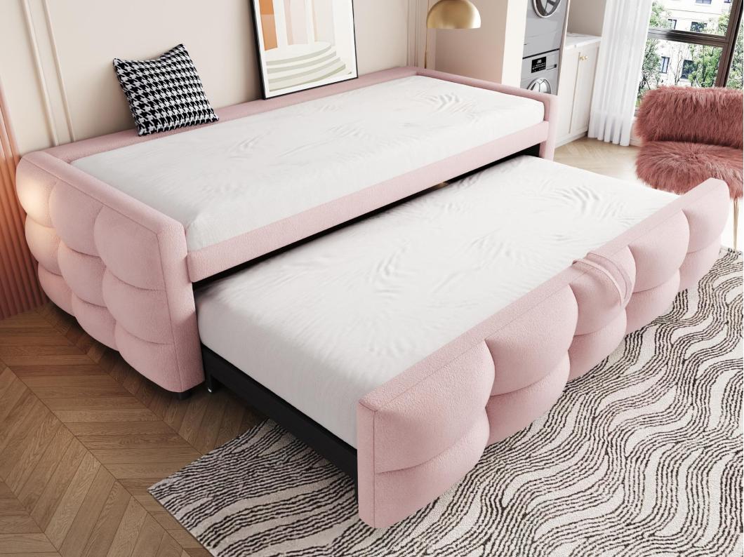 Lit gigogne 90/180x190 cm en velours - avec sommier à lattes - Rose