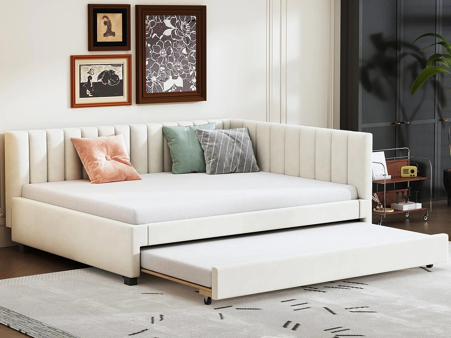 Diván tapizado 140x200 cm - con cama nido 90x190cm - tejido terciopelo - Beige