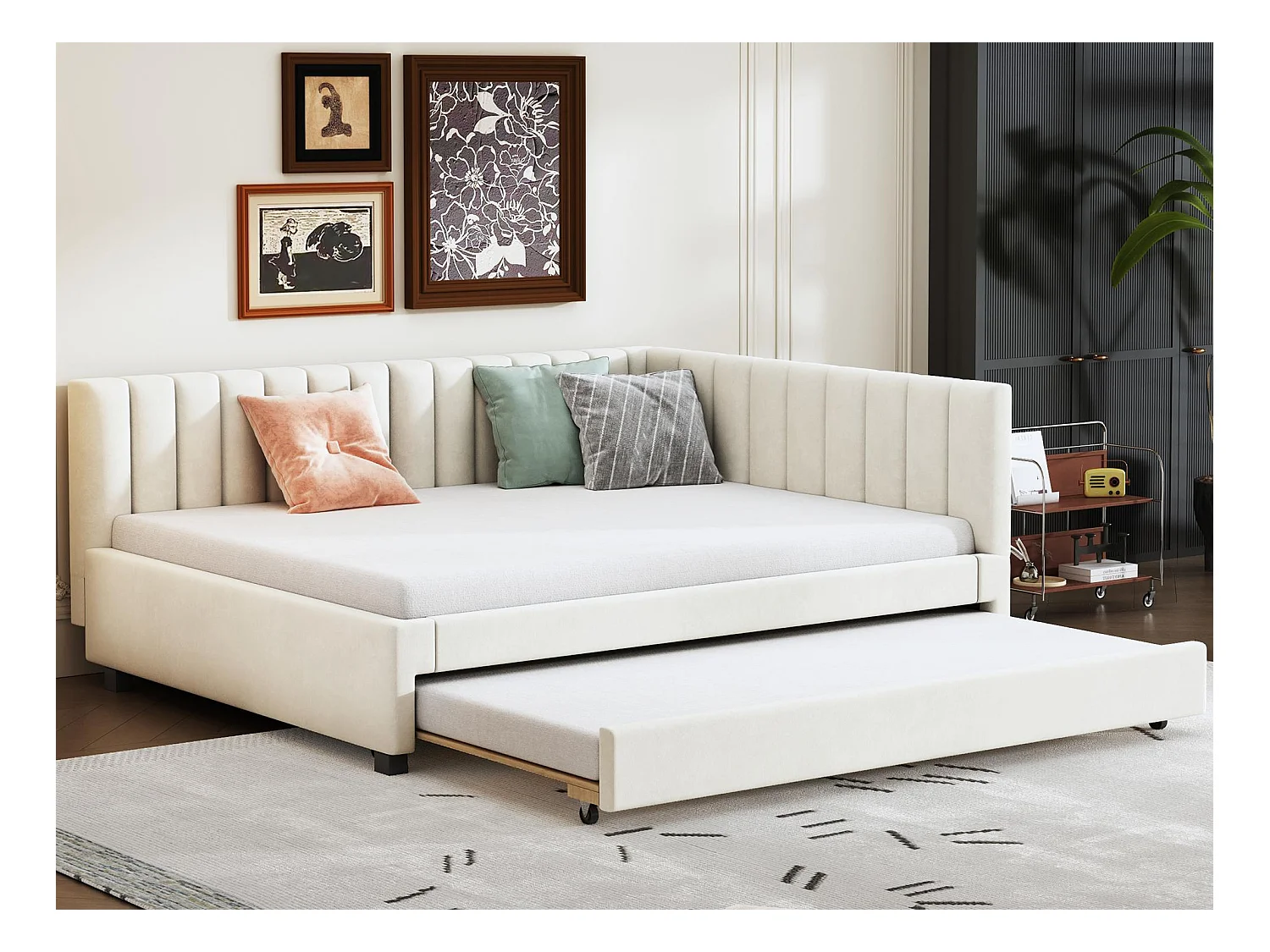 Lit banquette capitonné 140x200 cm - avec lit gigogne 90x190cm - tissu en velours - Beige