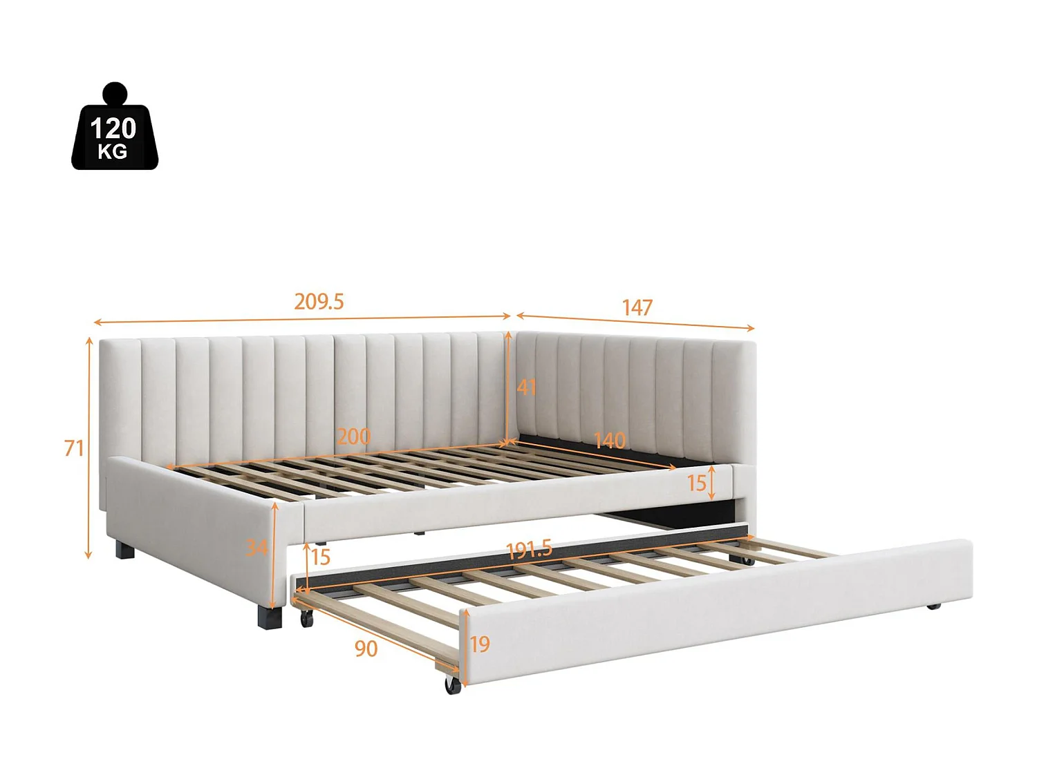 Lit banquette capitonné 140x200 cm - avec lit gigogne 90x190cm - tissu en velours - Beige