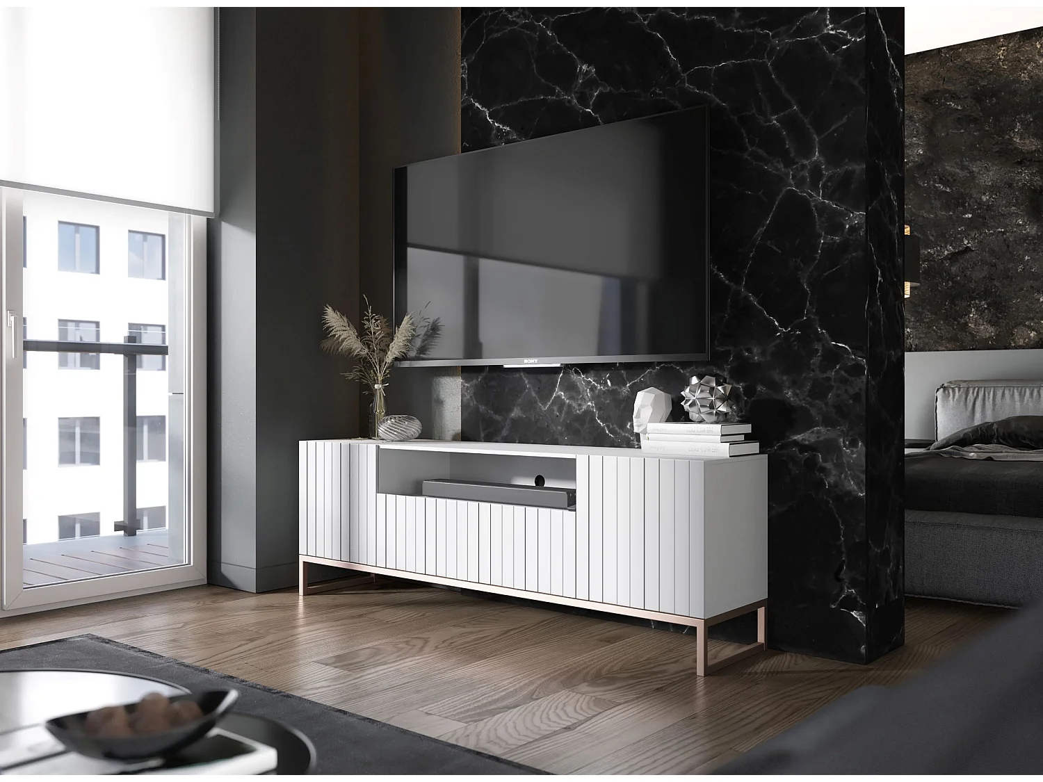 Meuble TV avec 3 portes et niche - Corps Blanc mat, façades rainurées Blanc mat - 150 cm, cadre en métal