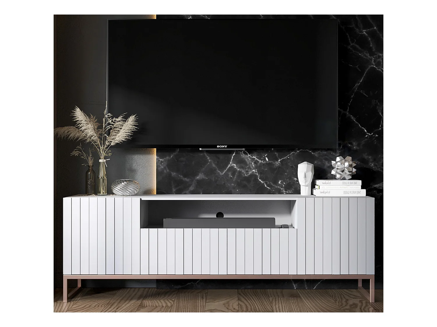 Meuble TV avec 3 portes et niche - Corps Blanc mat, façades rainurées Blanc mat - 150 cm, cadre en métal