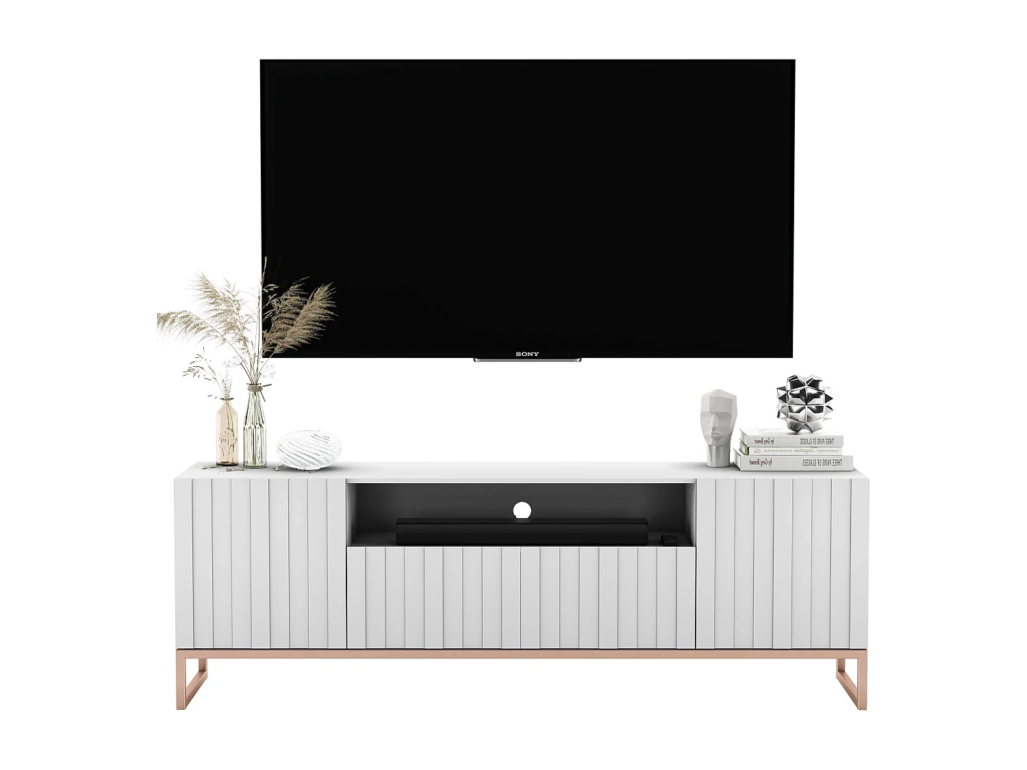 TV-Schrank mit 3 Türen und Nische – Korpus Mattweiß, gerillte Fronten Mattweiß – 150 cm, Metallgestell