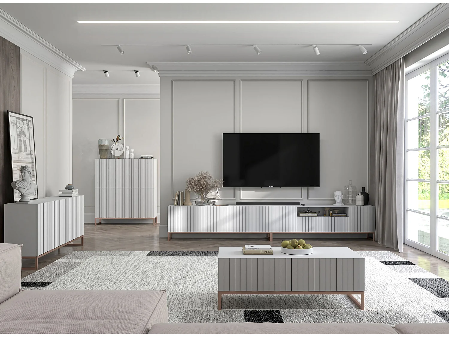 TV-Schrank mit 3 Türen und Nische – Korpus Mattweiß, gerillte Fronten Mattweiß – 150 cm, Metallgestell