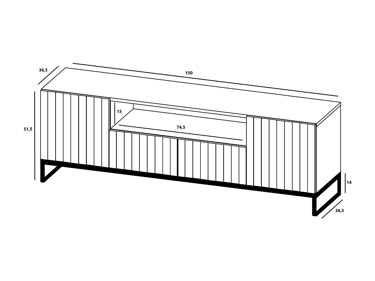 TV-Schrank mit 3 Türen und Nische – Korpus Mattweiß, gerillte Fronten Mattweiß – 150 cm, Metallgestell