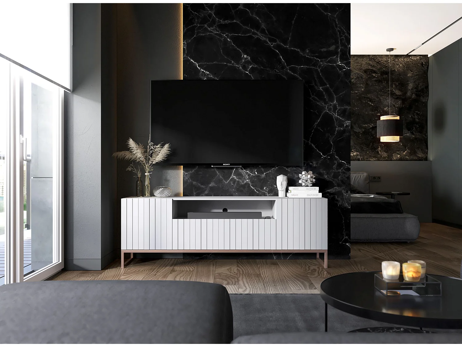 Meuble TV avec 3 portes et niche - Corps Blanc mat, façades rainurées Blanc mat - 150 cm, cadre en métal