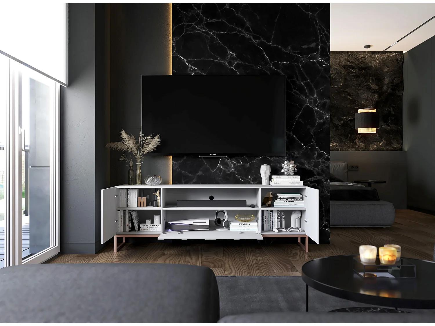 Meuble TV avec 3 portes et niche - Corps Blanc mat, façades rainurées Blanc mat - 150 cm, cadre en métal