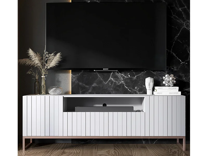 Meuble TV avec 3 portes et niche - Corps Blanc mat, façades rainurées Blanc mat - 150 cm, cadre en métal