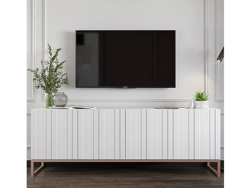 Meuble TV avec 4 portes - Corps Blanc mat, façades rainurées Blanc mat - 150 cm, cadre métallique