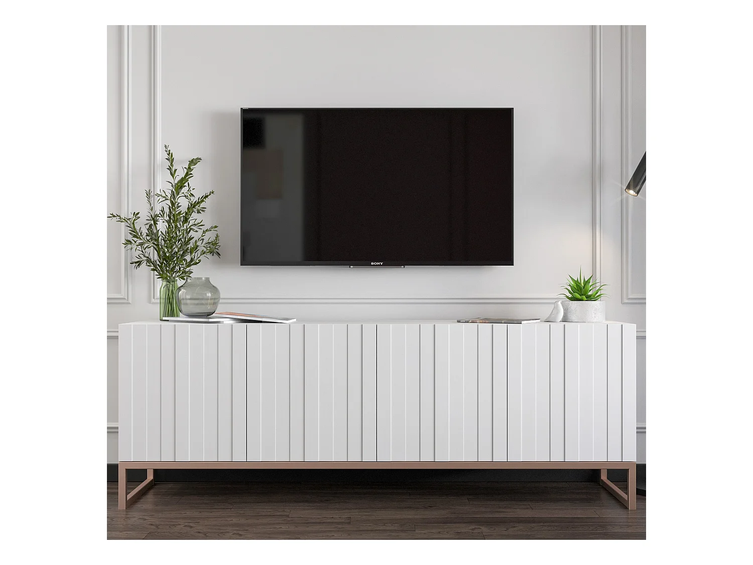 Meuble TV avec 4 portes - Corps Blanc mat, façades rainurées Blanc mat - 150 cm, cadre métallique