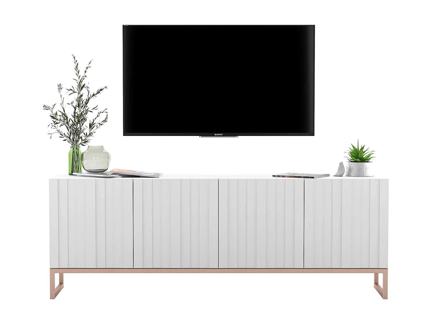 TV-Schrank mit 4 Türen – Korpus Mattweiß, gerillte Fronten Mattweiß – 150 cm, Metallgestell